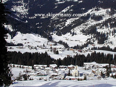 View down the ski run into the Kleinwalsertal